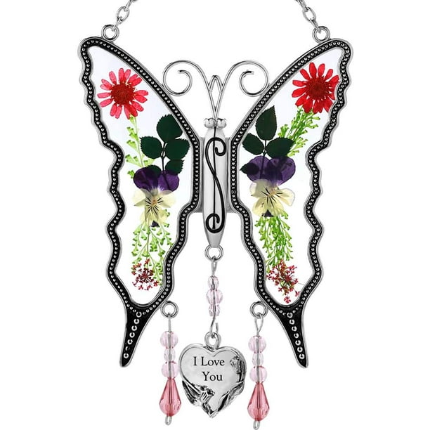 Butterfly Wind Chime Charm Colorful Metal Stained Glass Silver Metal G... D.I.D 